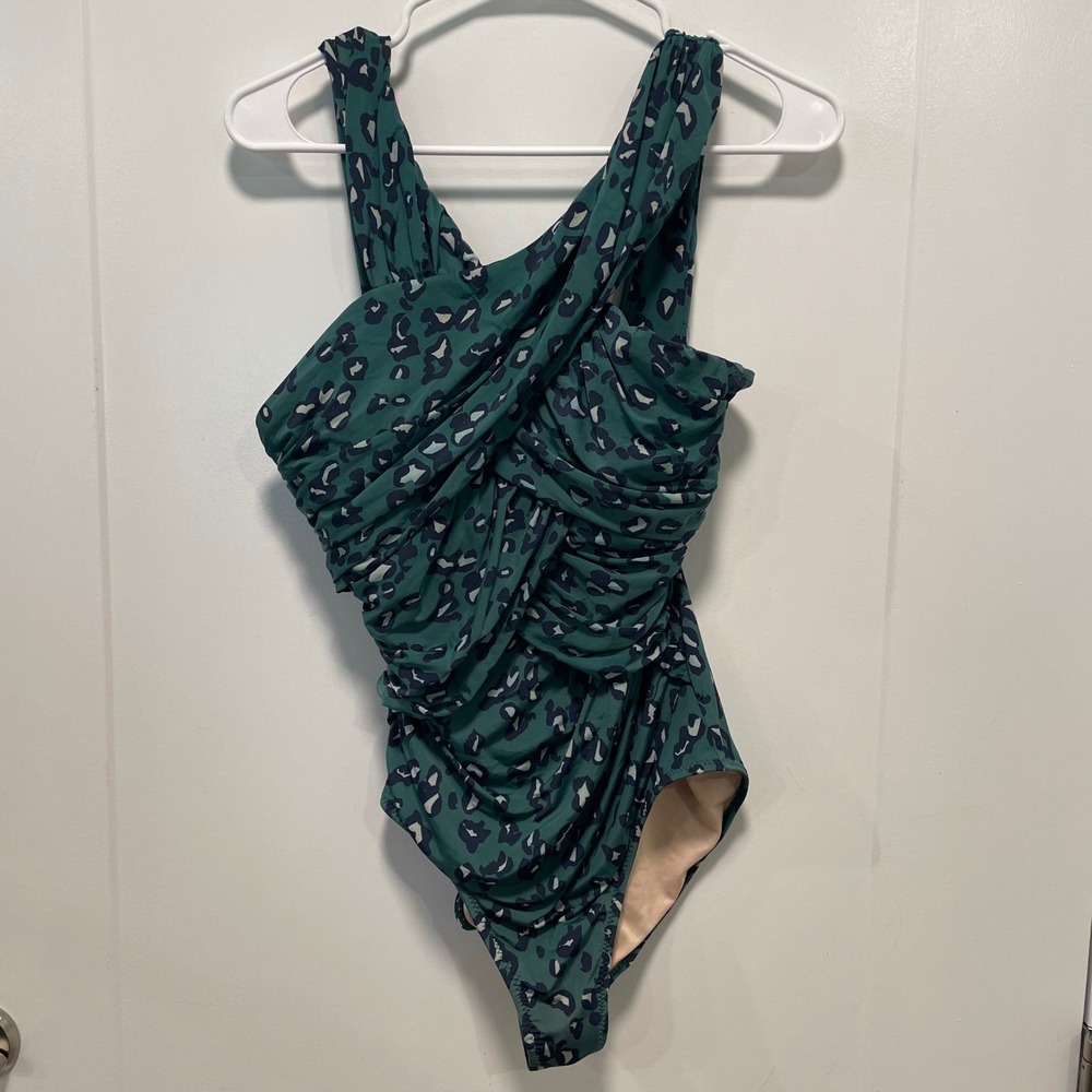 Garnet Hill Green Leopard Print Ruched‎ Crossover One Piece Swimsuit Womens 6